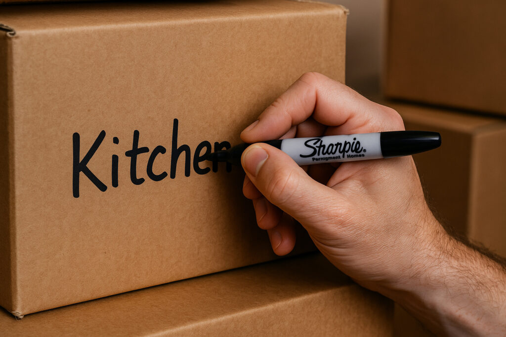 Close-up of a person using a black marker to label a cardboard moving box with the word 'Kitchen' during a home packing process.
